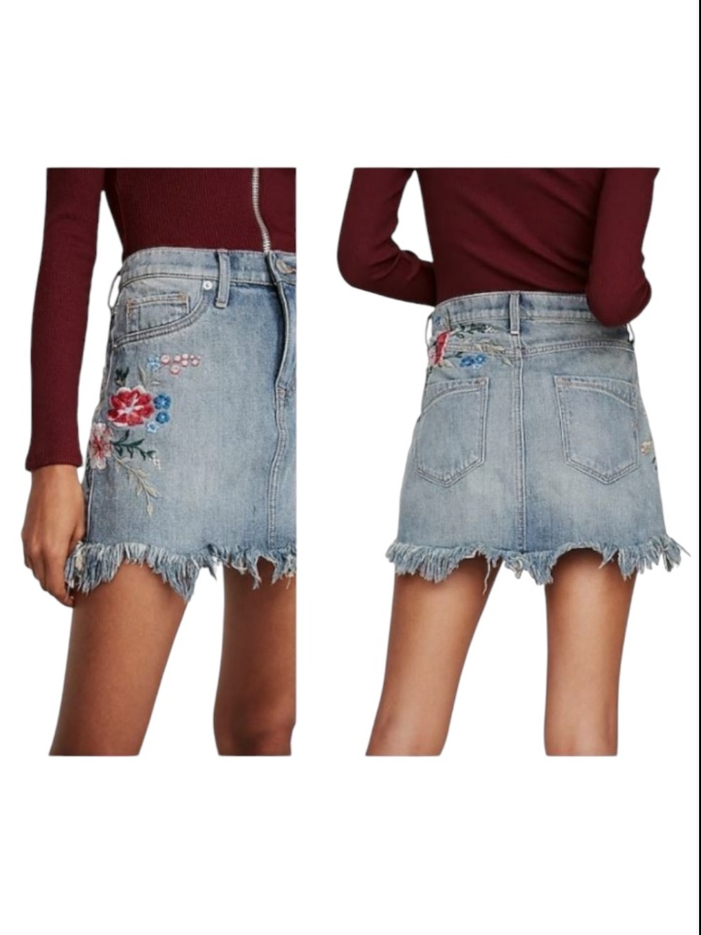 Express Floral Embroidered Frayed Hem Blue Denim Jean Mini Skirt SIZE 6